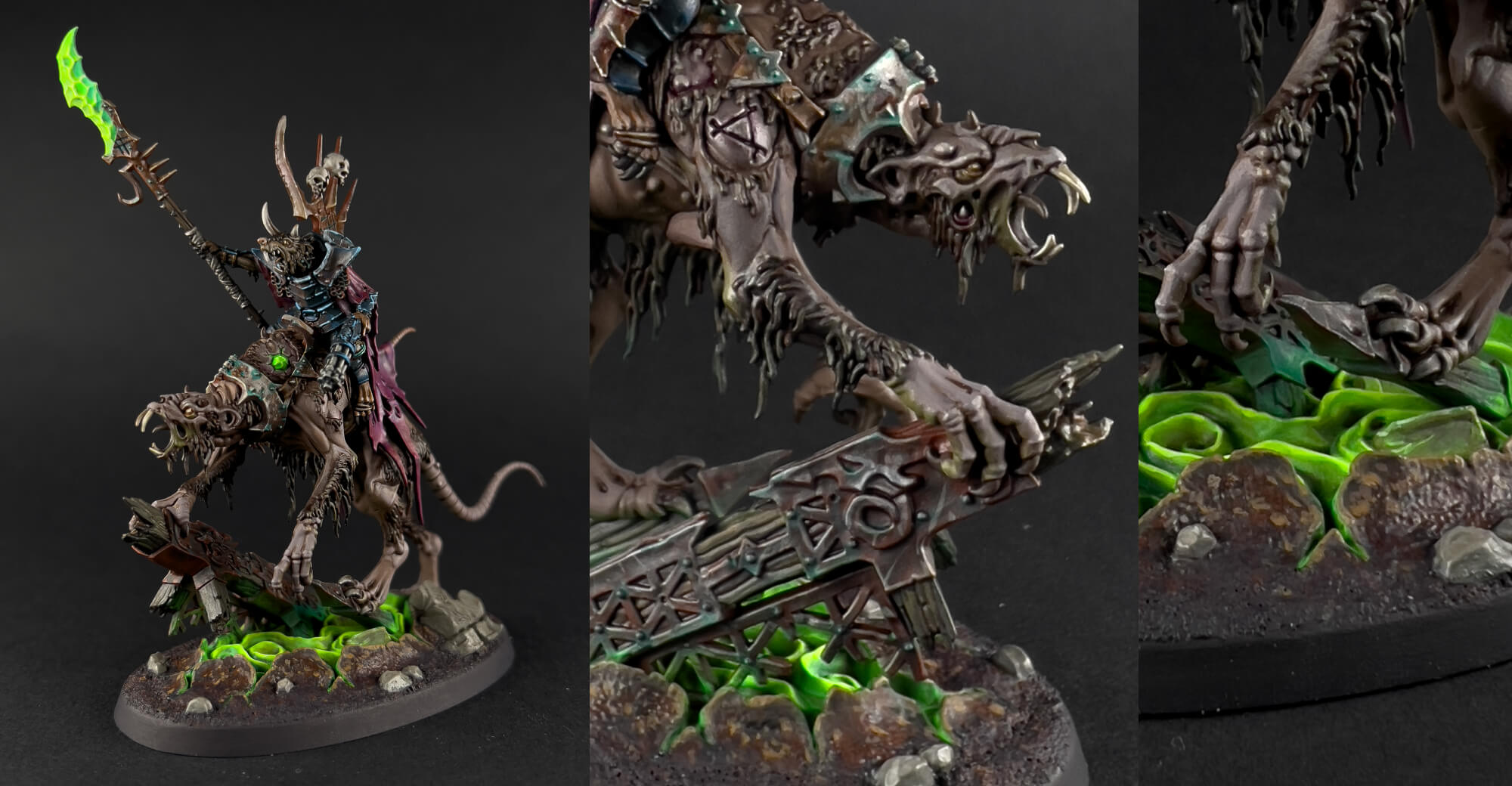 photos of a hand painted miniature Claw Lord on Gnaw Beast for the Skaven faction in Age of Sigmar