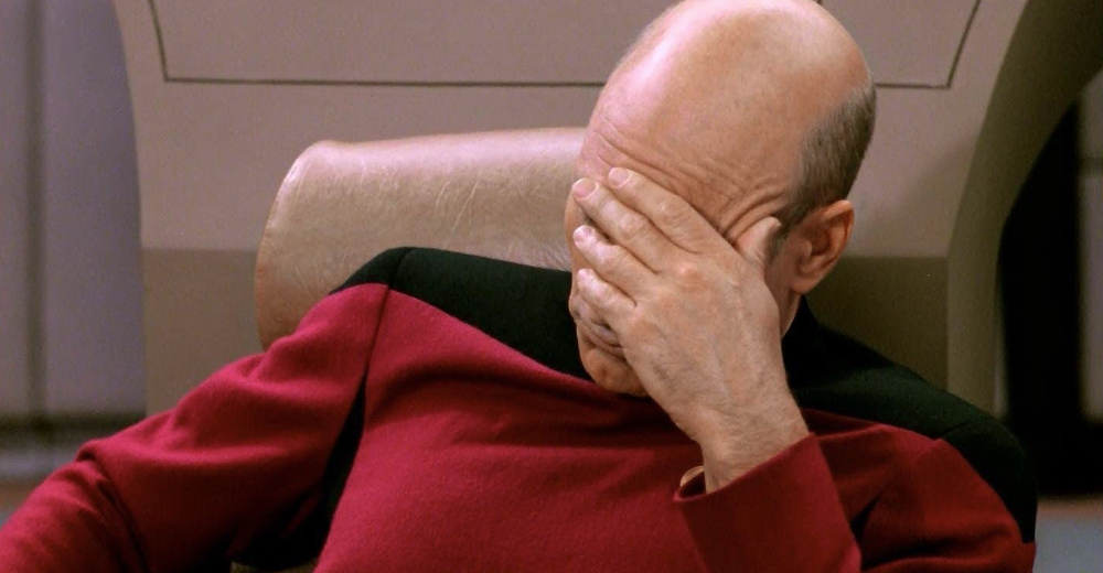 Captain Jean Luc Picard, Palming his face from Star Trek the Next Generation Season 3, episode 13: Deja Q